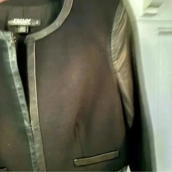 DKNY Black Jacket Cotton & Lambs Leather Sleeves And Trim Size Small - Picture 3 of 12